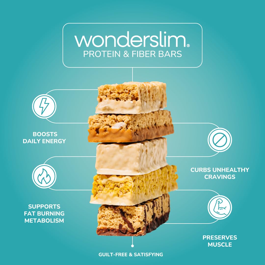 WonderSlim High Fiber Bars nutrition facts with gluten-free badge visible.