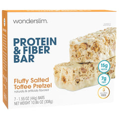 WonderSlim salted toffee pretzel bar packaging highlights gluten-free, high-protein snack on the go.