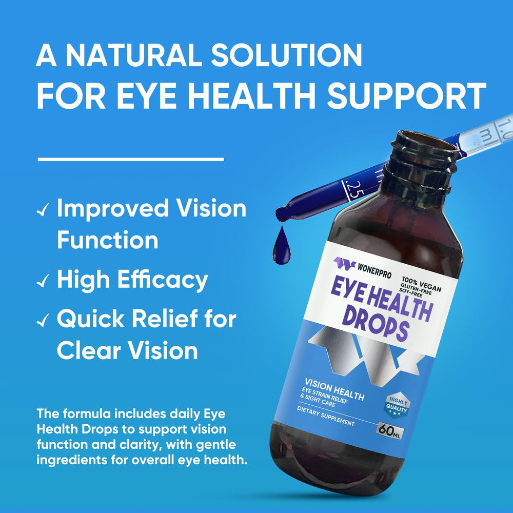 WONERPRO Eyebright Drops packaging badge indicating non-GMO and gluten-free