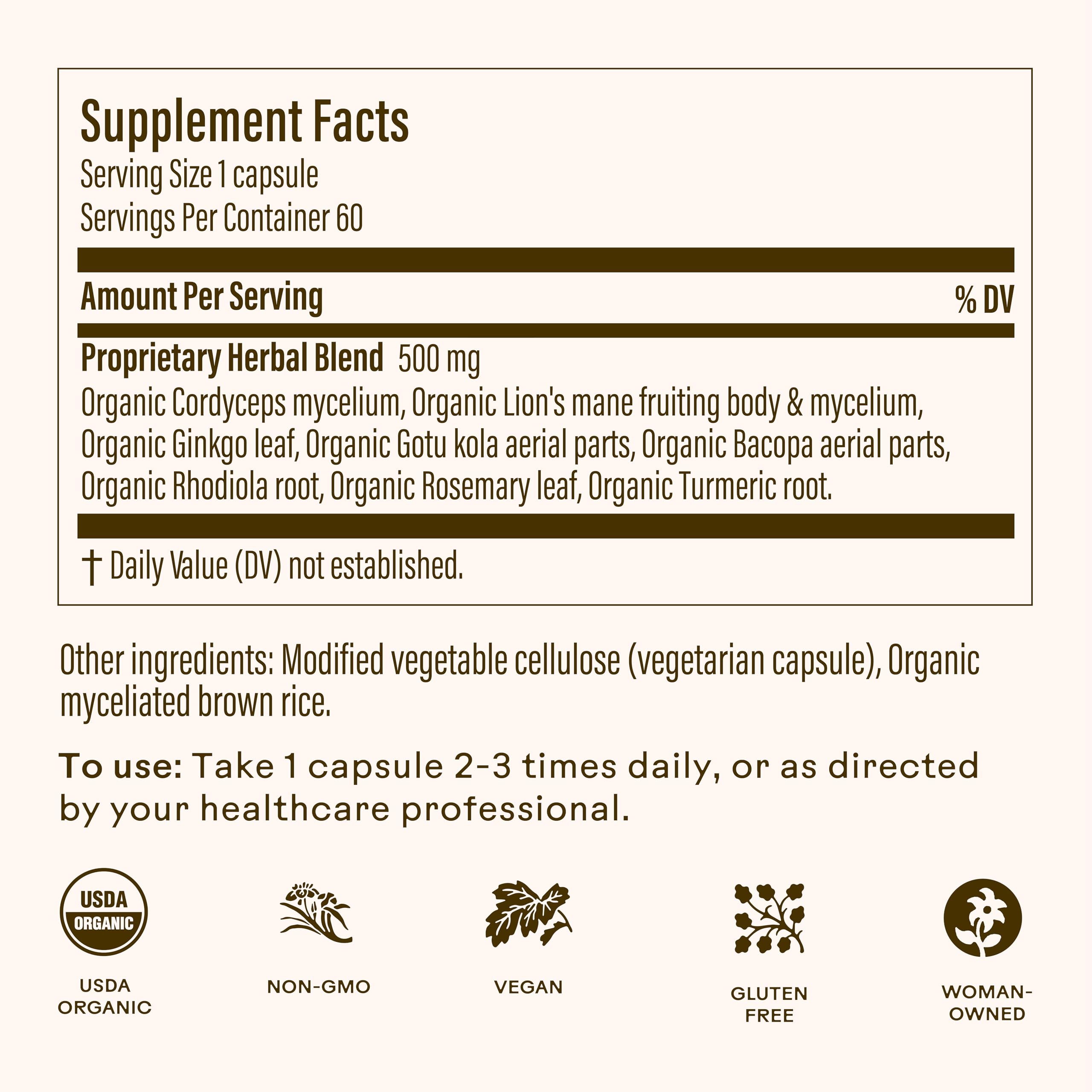 Brain Bloom bottle close-up shows the label and organic eight-herb blend