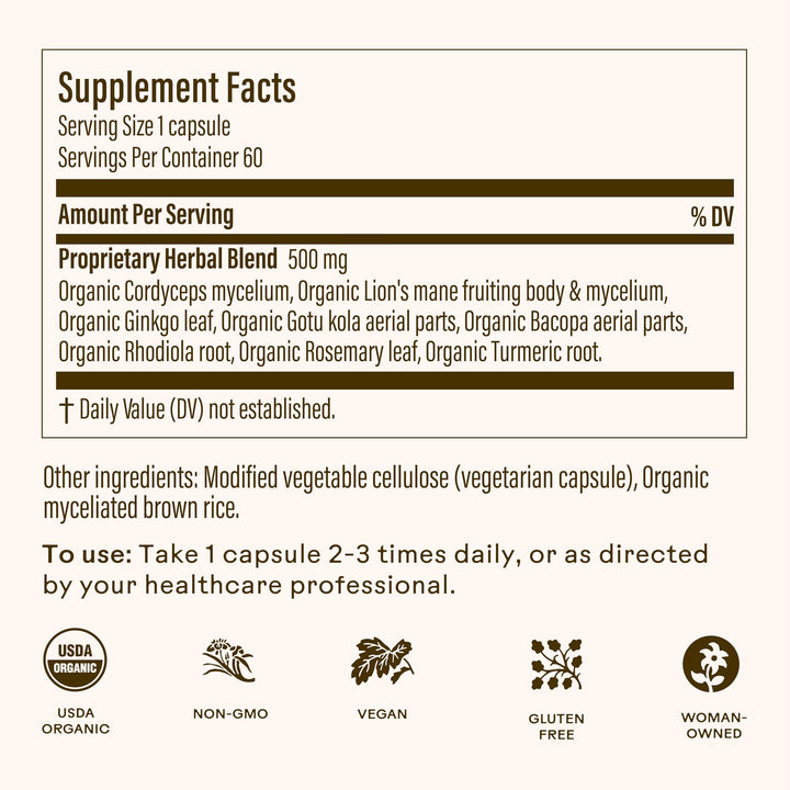 Brain Bloom bottle close-up shows the label and organic eight-herb blend