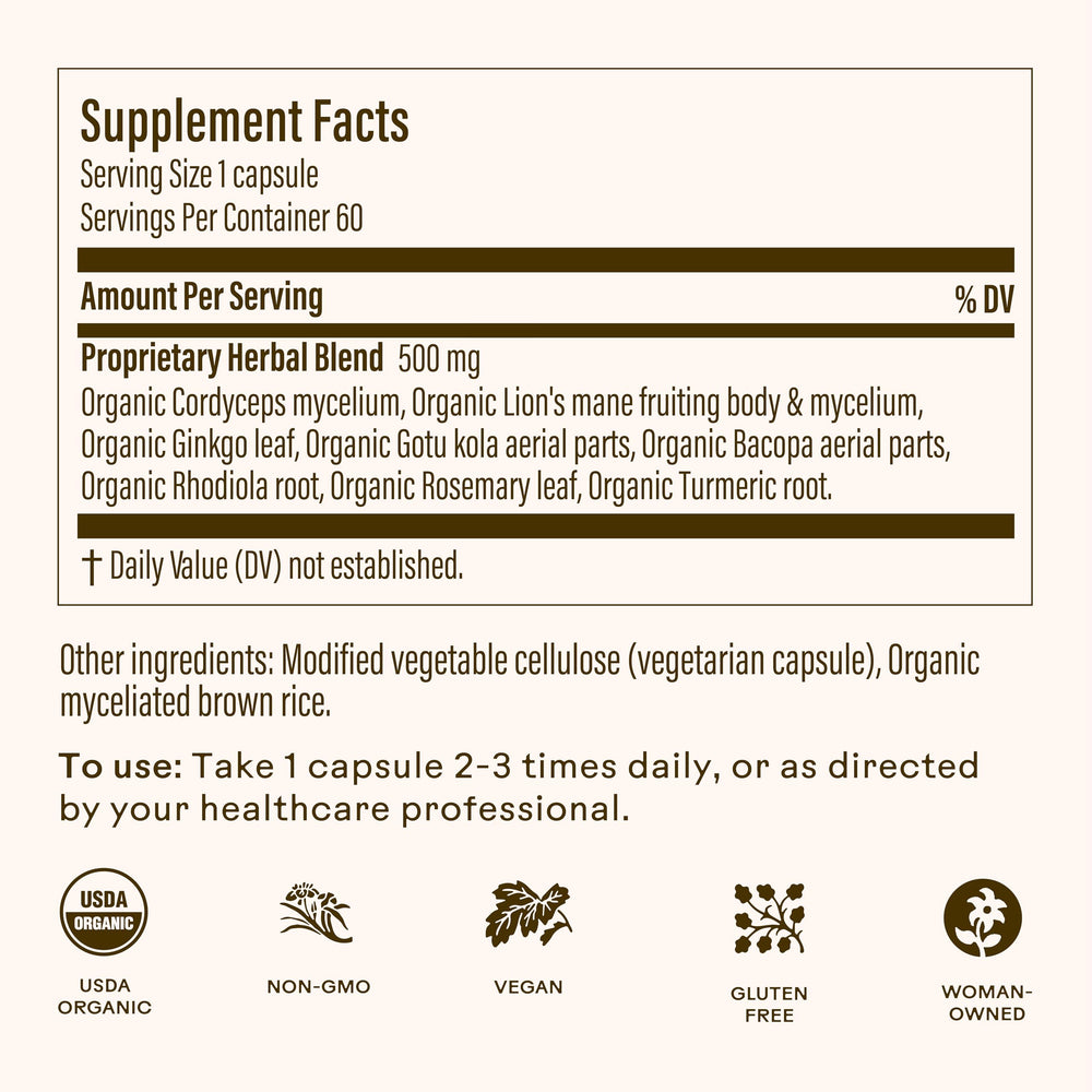 Brain Bloom bottle close-up shows the label and organic eight-herb blend