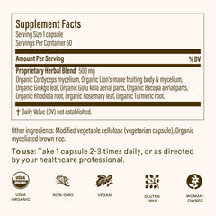 Brain Bloom bottle close-up shows the label and organic eight-herb blend