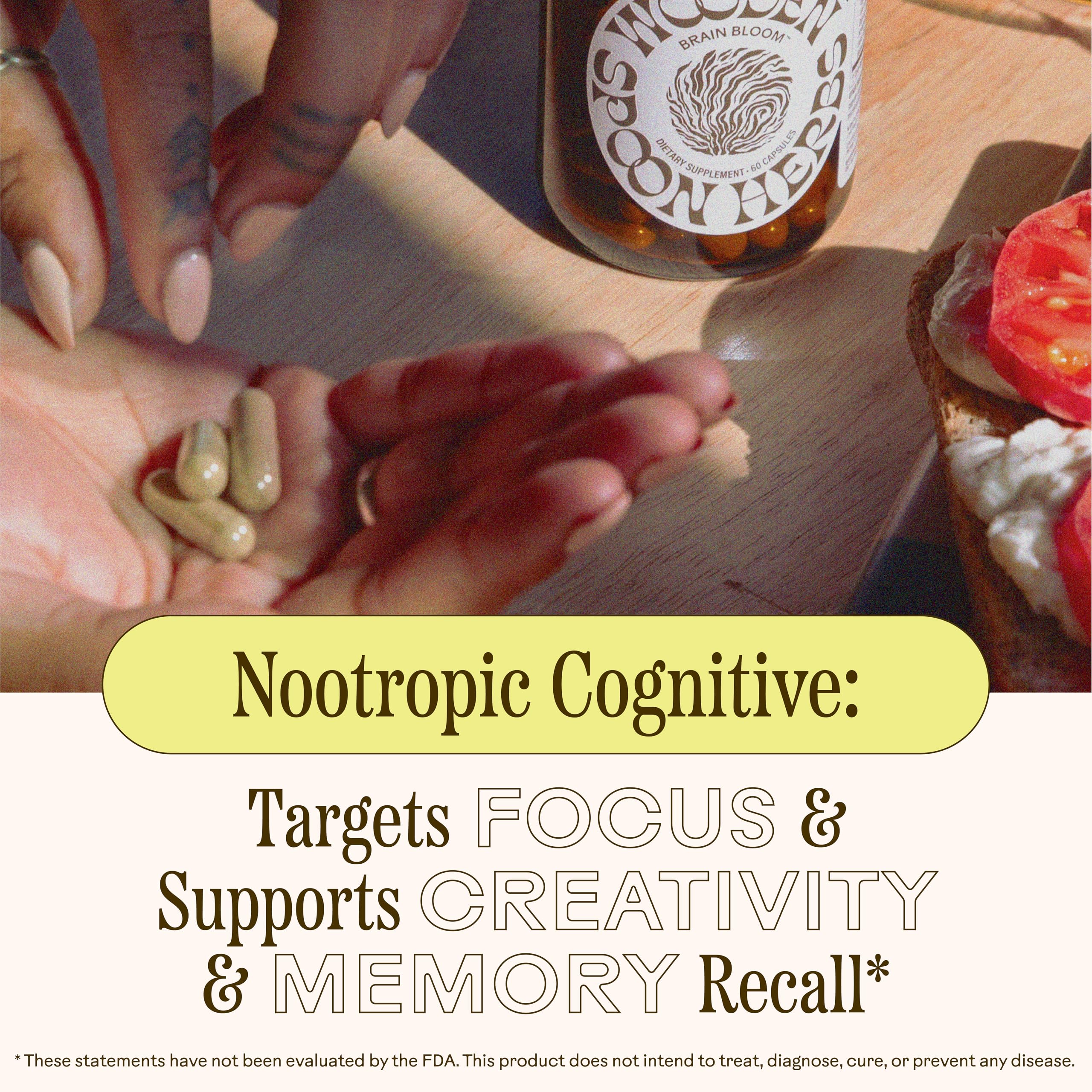 Capsules beside rosemary sprigs highlight the rosemary, bacopa, and lion's mane ingredients