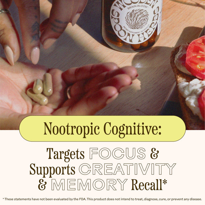 Capsules beside rosemary sprigs highlight the rosemary, bacopa, and lion's mane ingredients