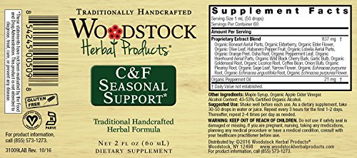 Woodstock C&F Seasonal Support label highlights organic herbal blend for seasonal wellness.