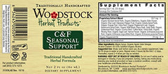 Woodstock C&F Seasonal Support label highlights organic herbal blend for seasonal wellness.