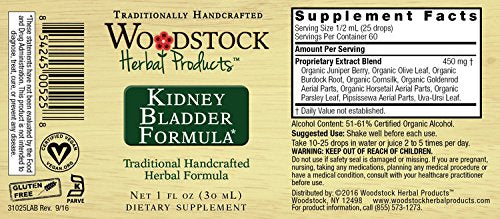 Woodstock Herbal Kidney Bladder Formula closeup highlights the tincture's organic blend for discreet daily use.