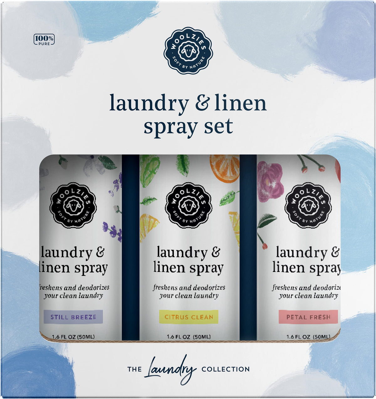 Woolzies Still Breeze linen spray bottle refreshing sheets and pillows.