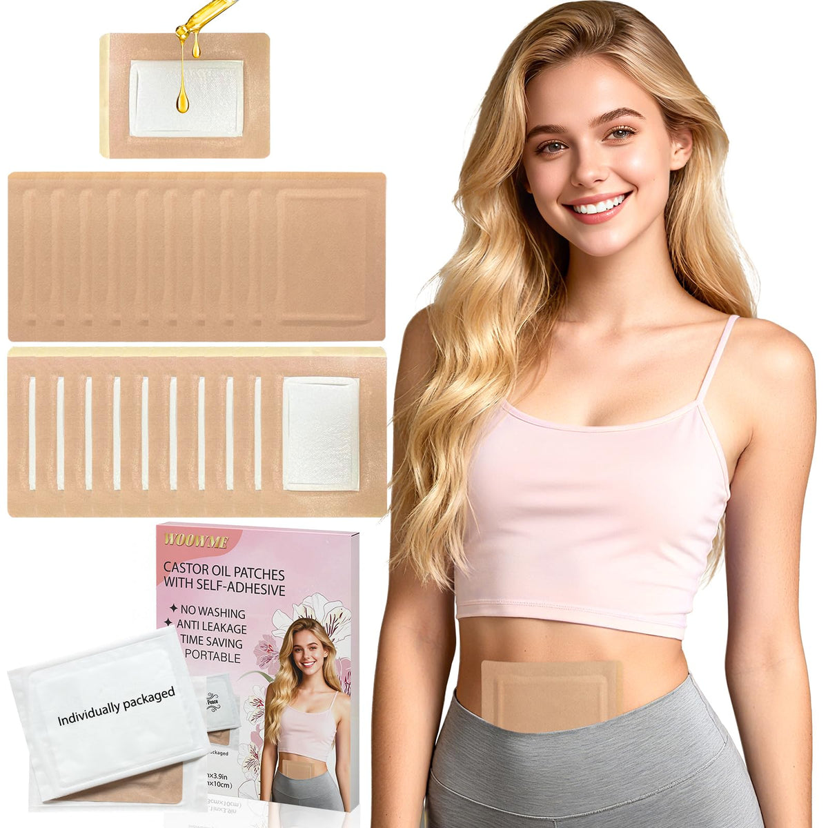WOOWME castor oil patches with leakproof border prevent stains on skin.