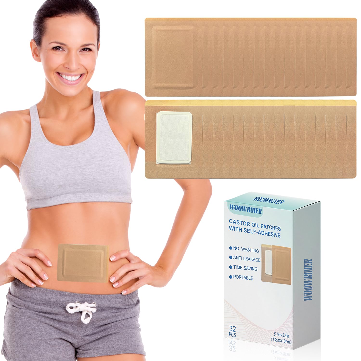 woowruier castor oil patch on belly area for even coverage and comfort.