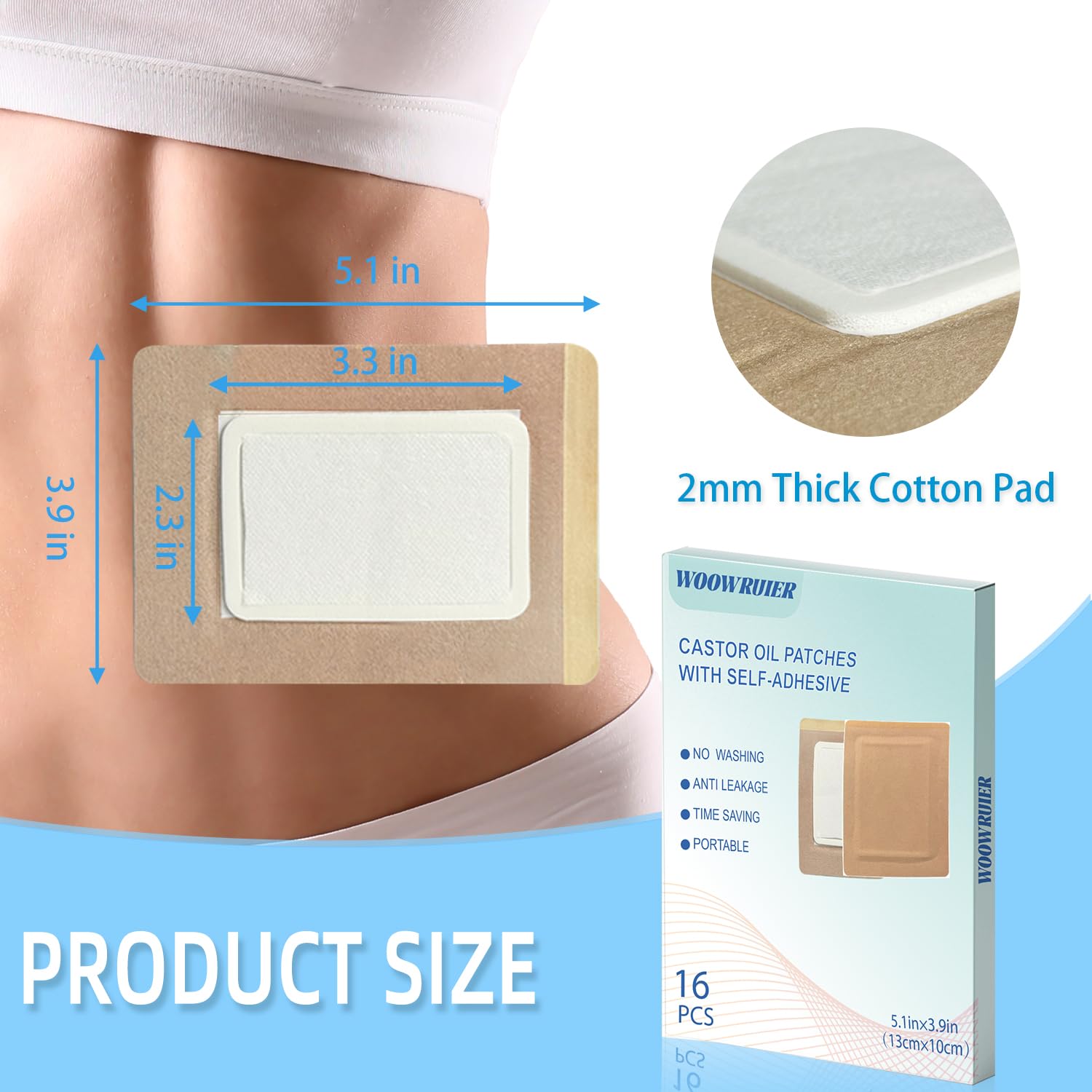 Woowruier Castor Oil Patches application wrap for quick at-home therapy.