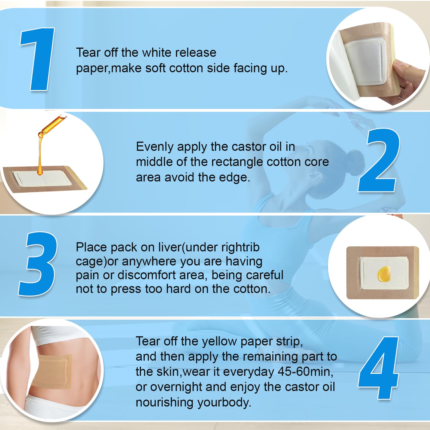 Woowruier Castor Oil Patches shown on abdomen and liver area for targeted relief.