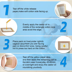 Woowruier Castor Oil Patches shown on abdomen and liver area for targeted relief.