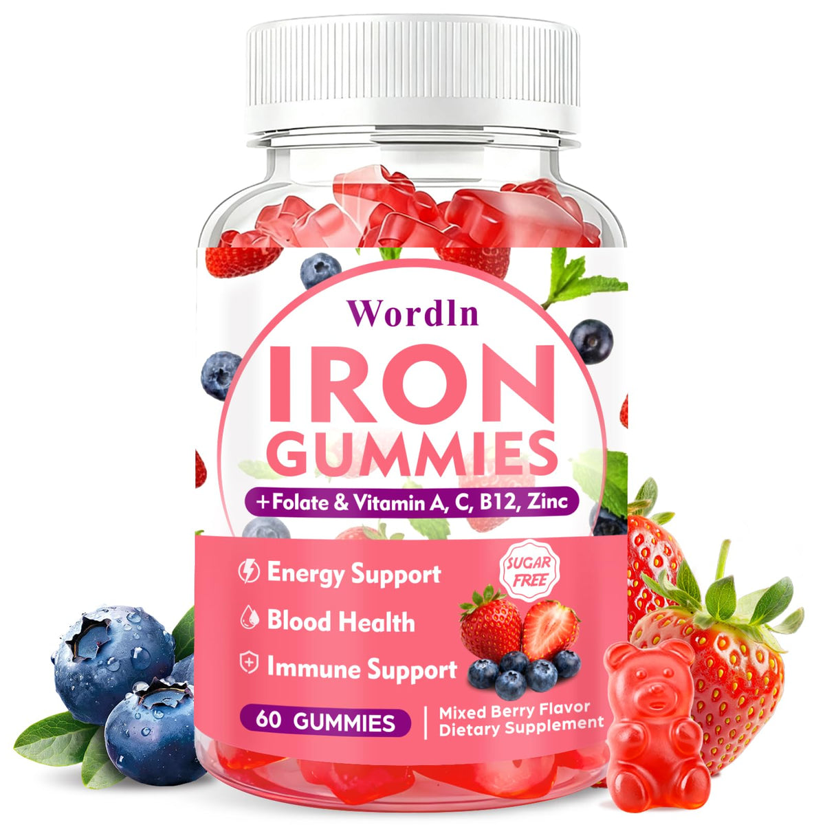 Wordln Iron Gummies bottle label highlights vegan iron with vitamin C for energy support.