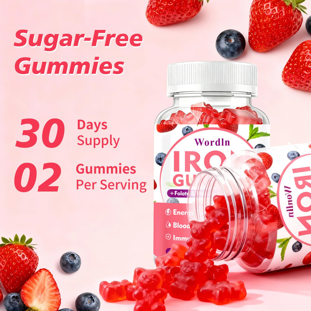 Wordln Iron Gummies vegan-symbol on label confirms plant-based option.