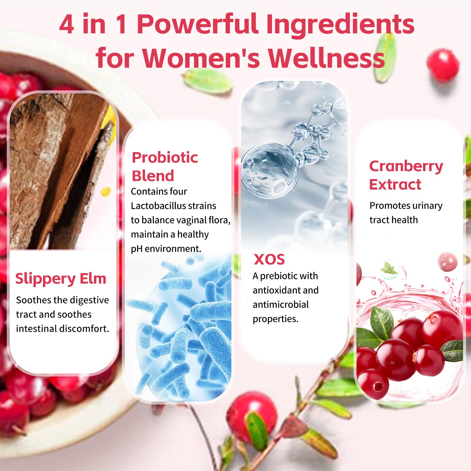 Gummy bottle shows cranberry extract icon suggesting urinary support.