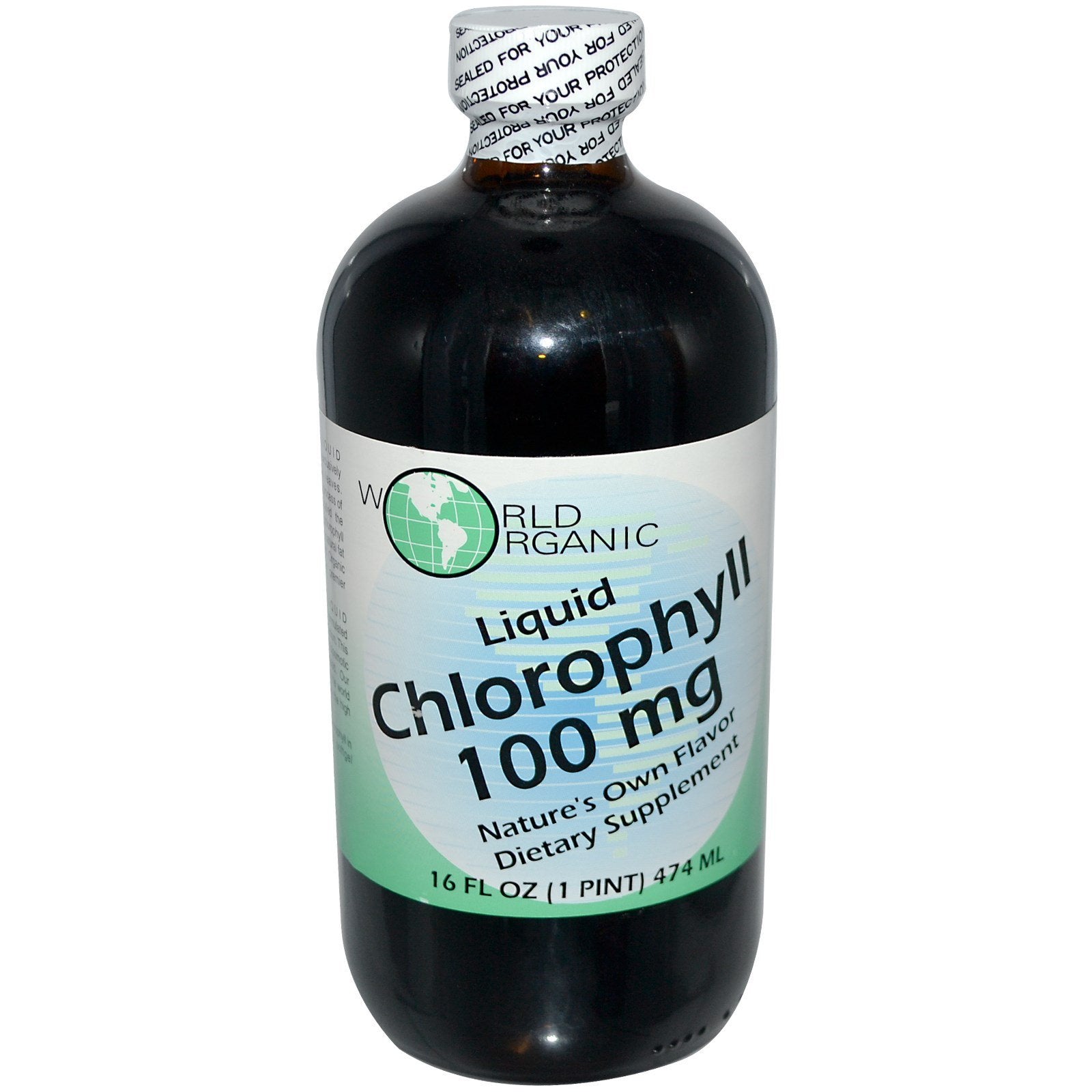 World Organic Chlorophyll 100mg bottle; natural, water-dispersible supplement for daily wellness.