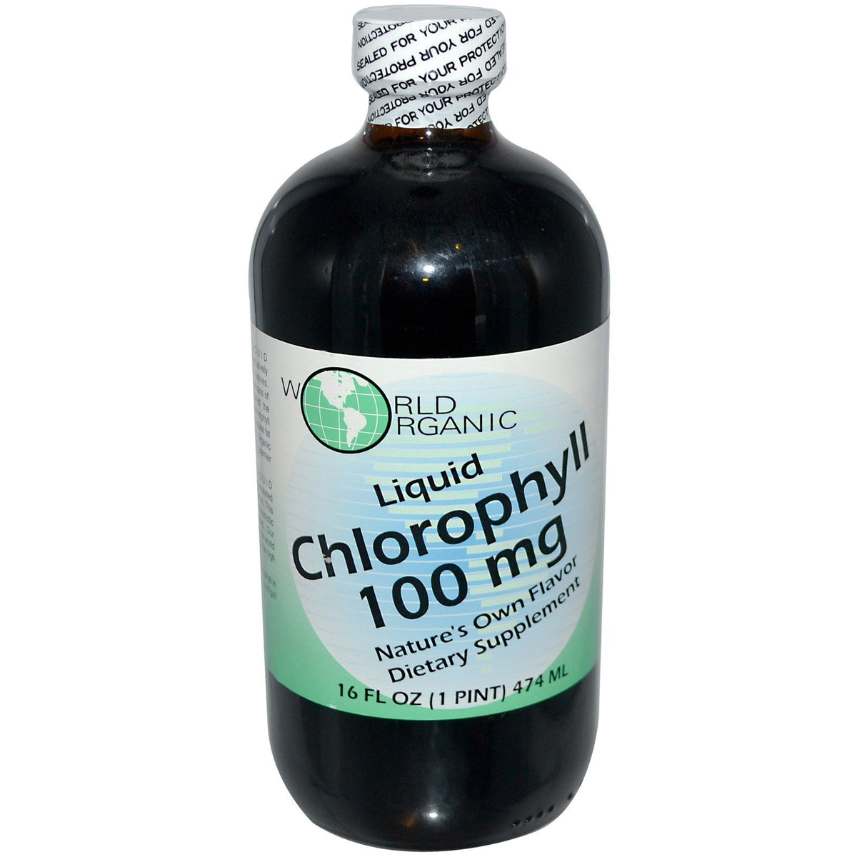 World Organic Chlorophyll 100mg bottle; natural, water-dispersible supplement for daily wellness.