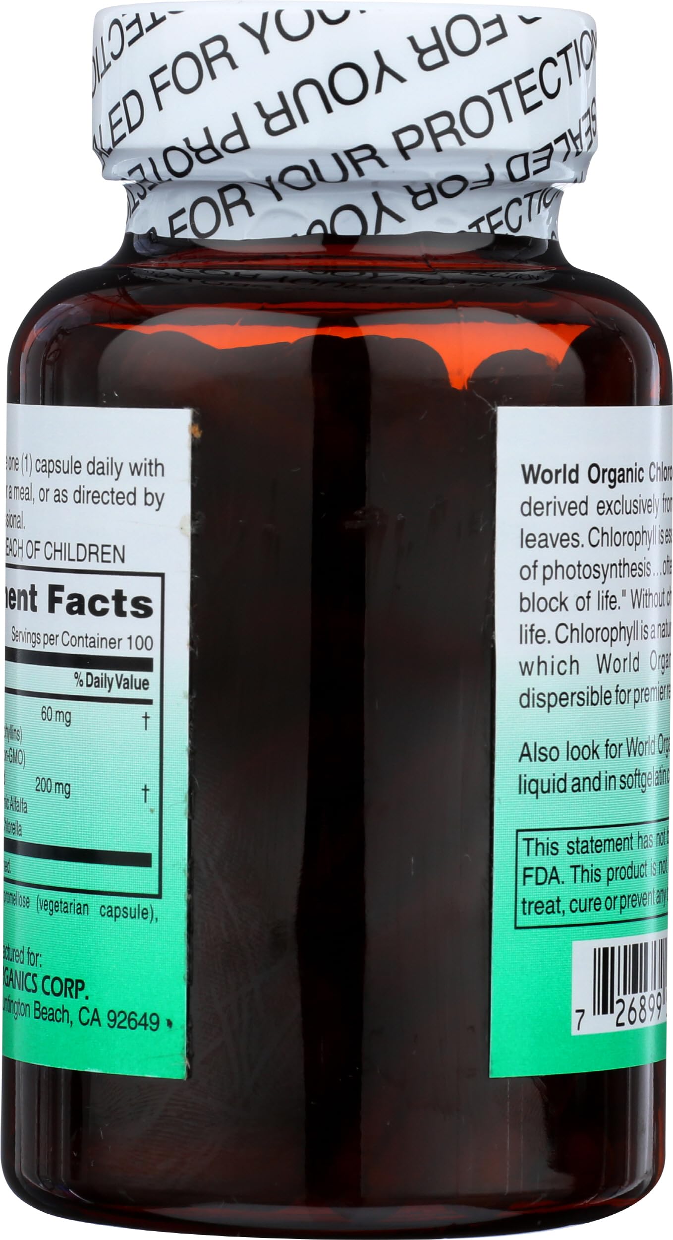Closeup of World Organic Chlorophyll capsules, easy daily intake for wellness support.