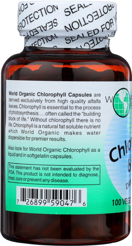 World Organic Chlorophyll 60MG label displays ingredients and benefits at a glance
