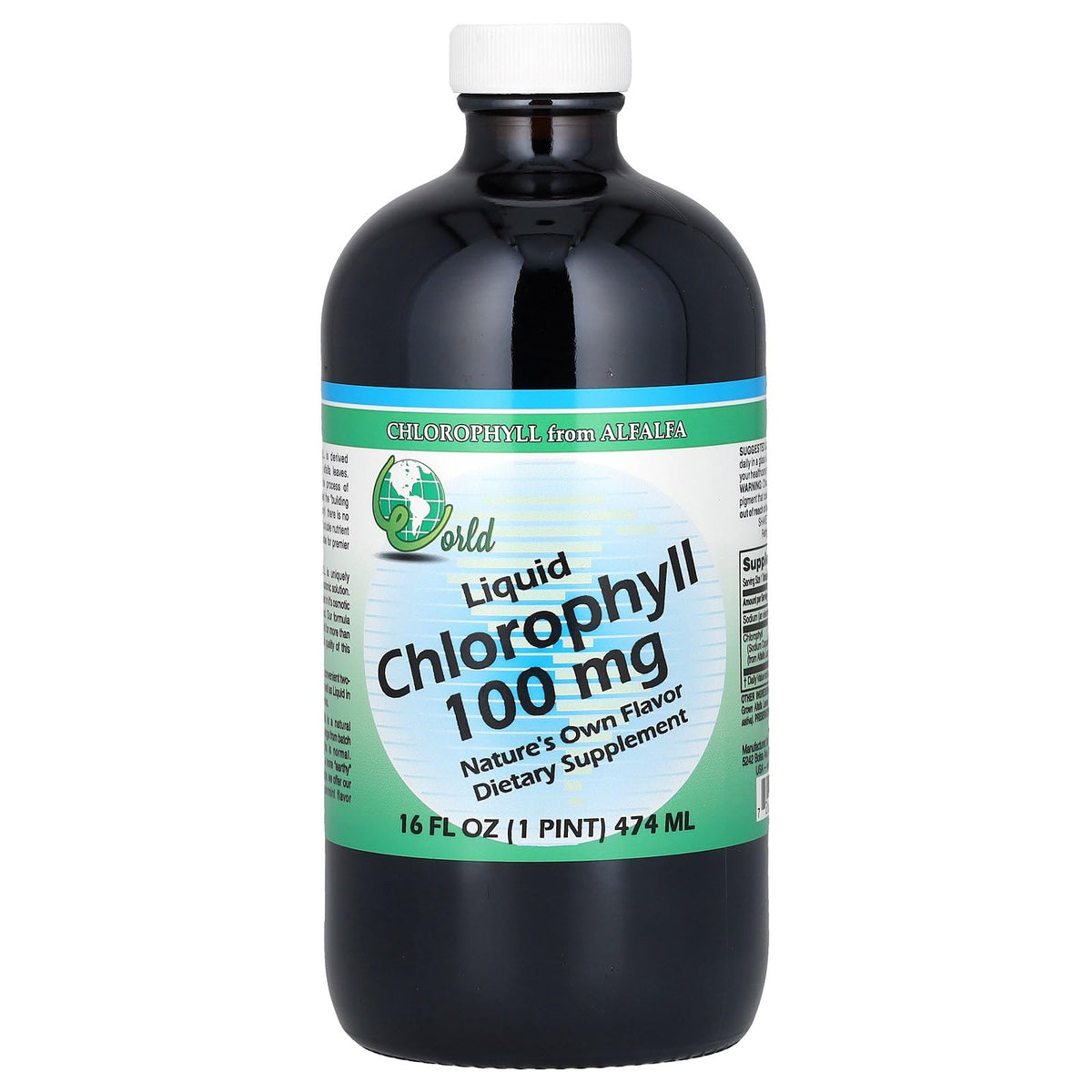 World Organic chlorophyll liquid bottle showing a convenient 16 oz container for daily use