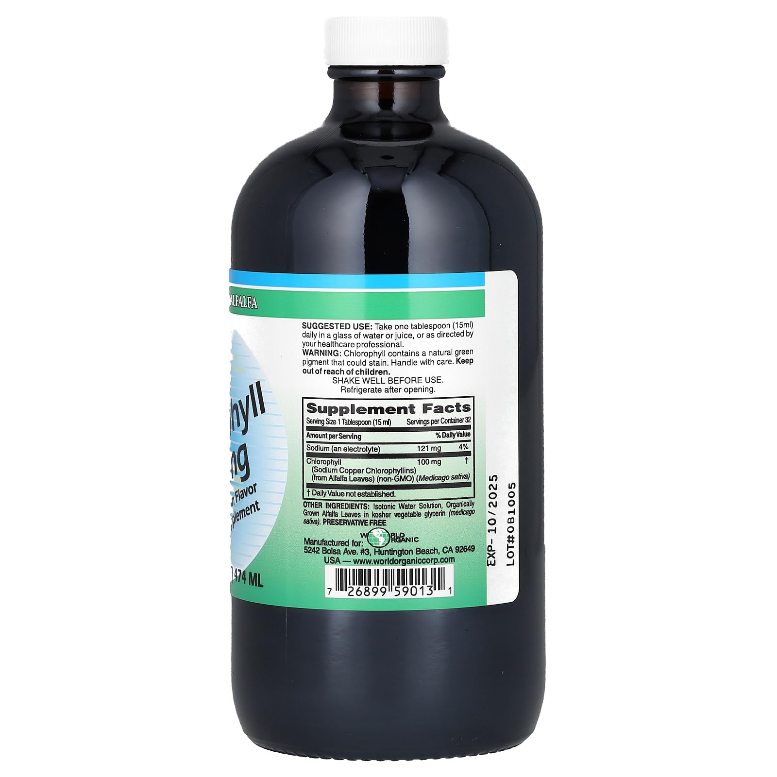 World Organic chlorophyll liquid label highlighting 100 mg per serving for easy dosing