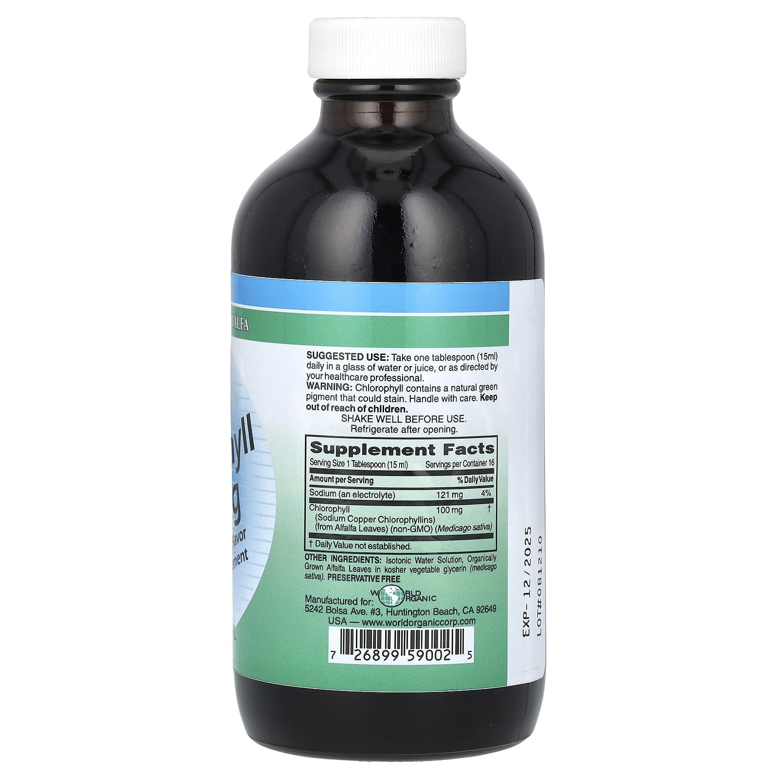 World Organic chlorophyll liquid pour into glass, convenient addition to smoothies.