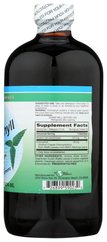 World Organic Liquid Chlorophyll Mint label close-up highlights mint scent.