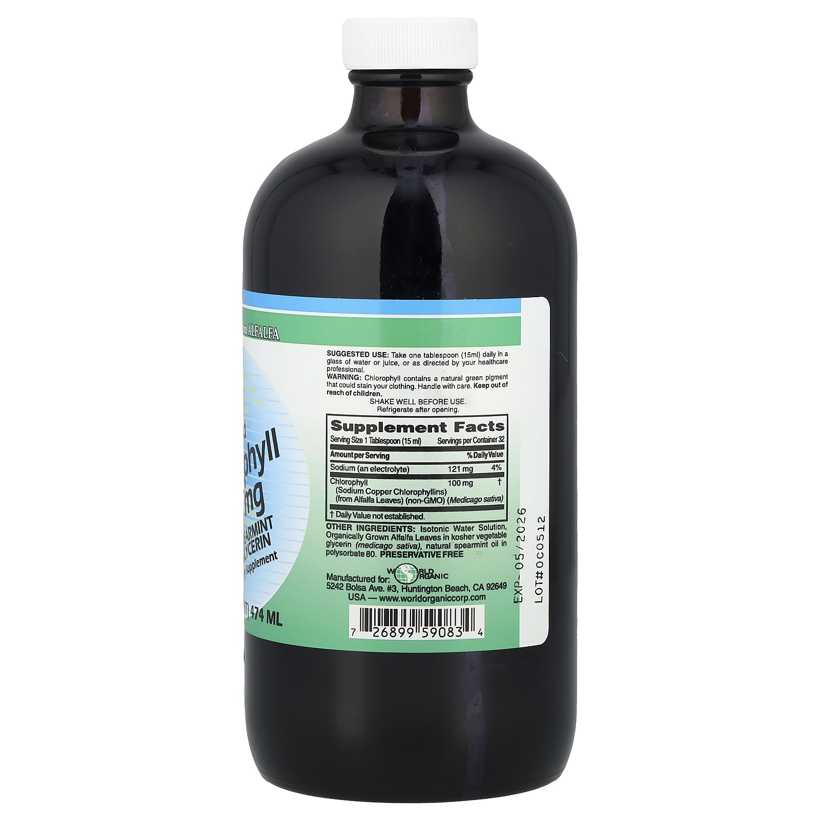 World Organics Liquid Chlorophyll being poured into a glass with mint flavor
