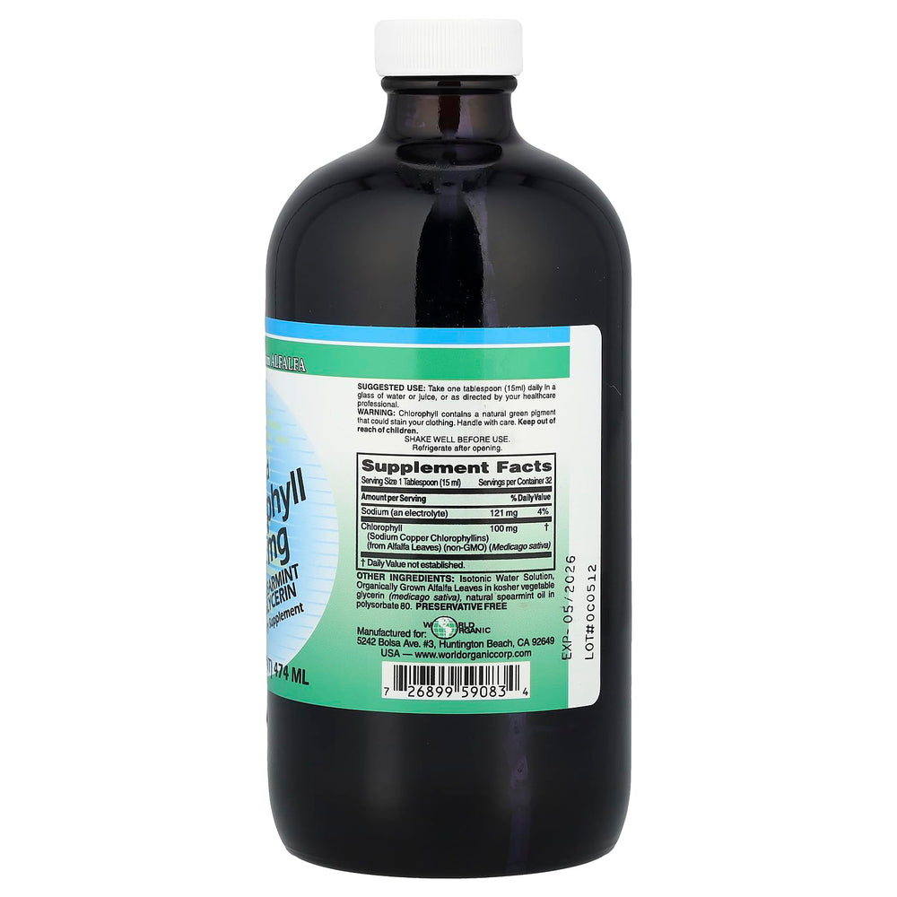 World Organics Liquid Chlorophyll being poured into a glass with mint flavor