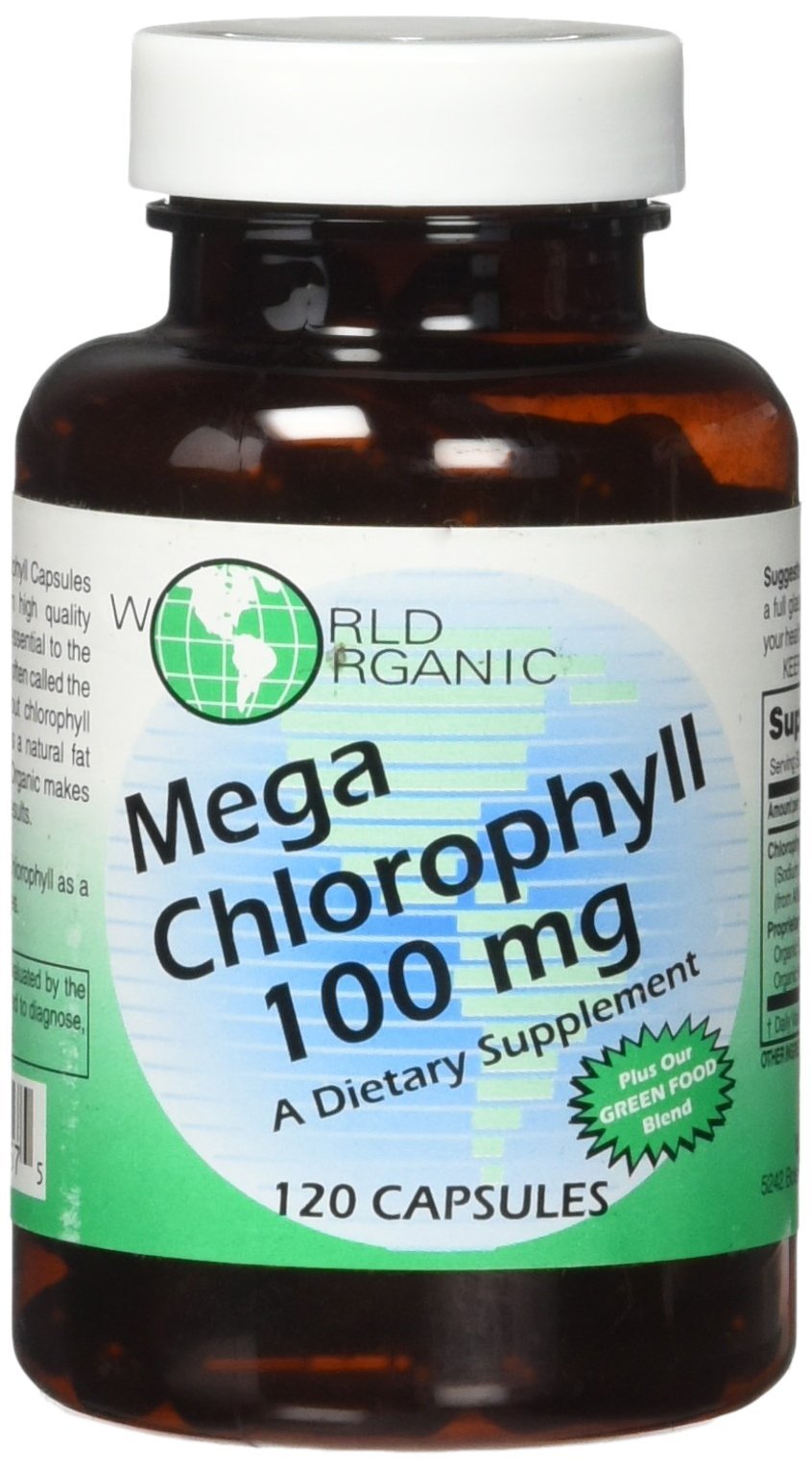 World Organics Mega Chlorophyll 100 mg bottle for daily greens support.