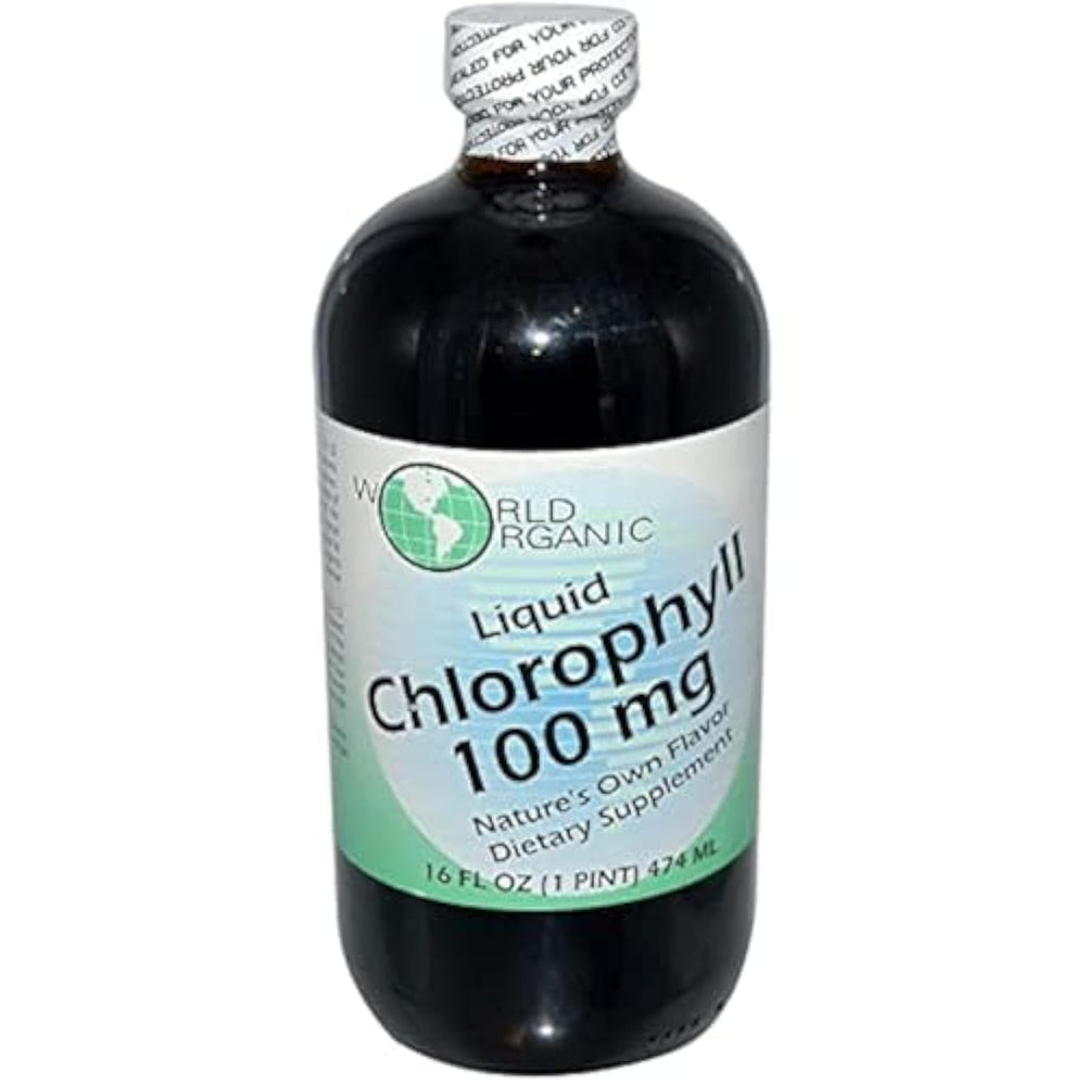World Organics Organic Chlorophyll Liquid bottle with vibrant green hue for everyday use in drinks