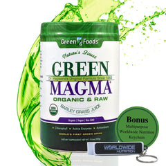 Worldwide Nutrition Green Magma Organic bottle showing greens for daily energy and digestion support.