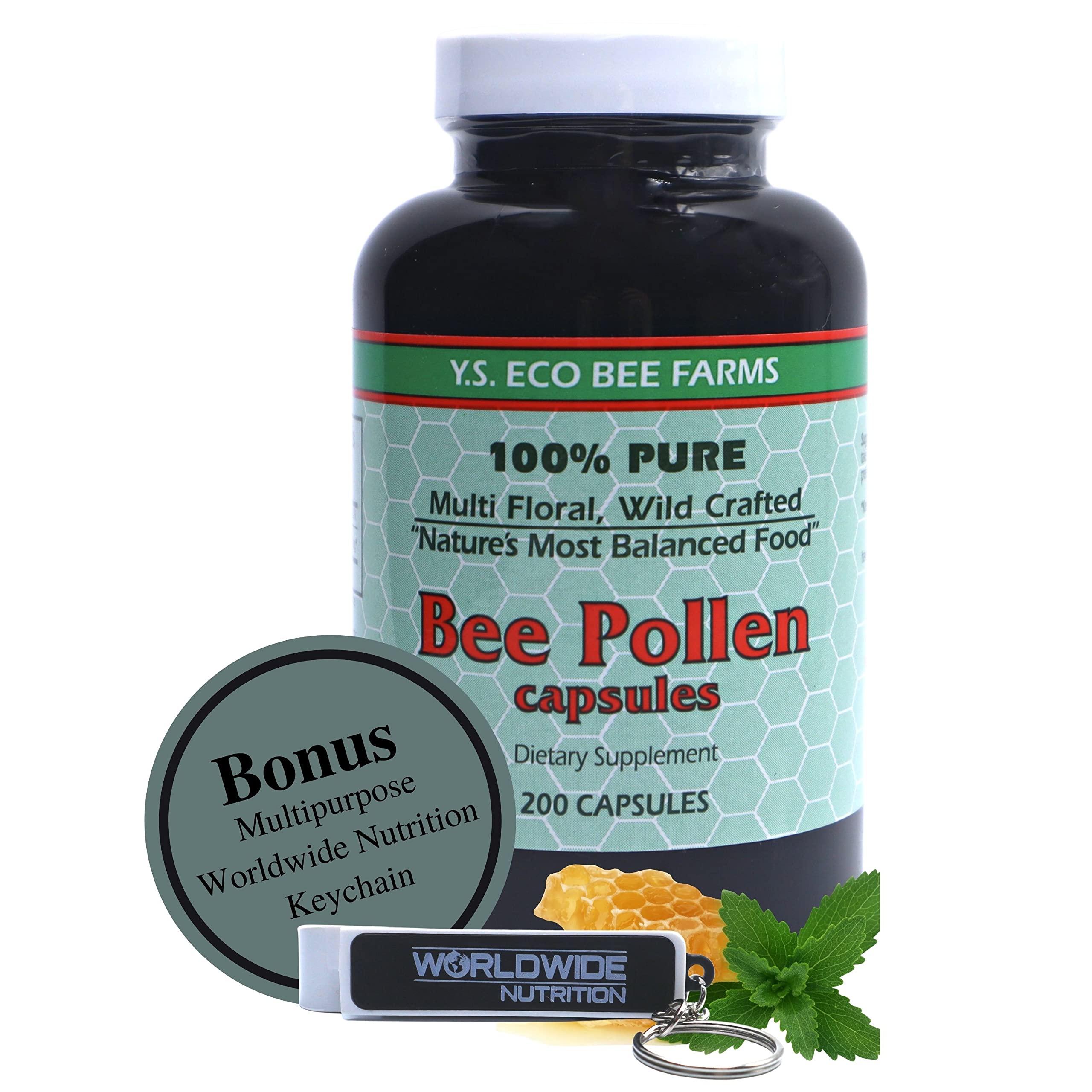 Worldwide Nutrition Y.S. Eco Bee Farms bee pollen capsules bottle close-up showing energy support
