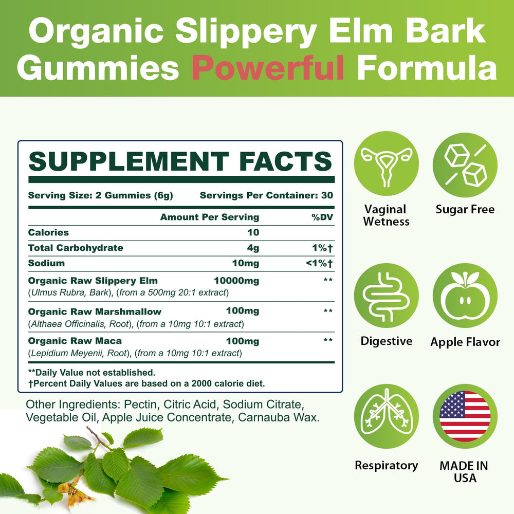 Wriayrui Slippery Elm Gummies bottle-back view highlighting vegan ingredients and sugar-free claim.