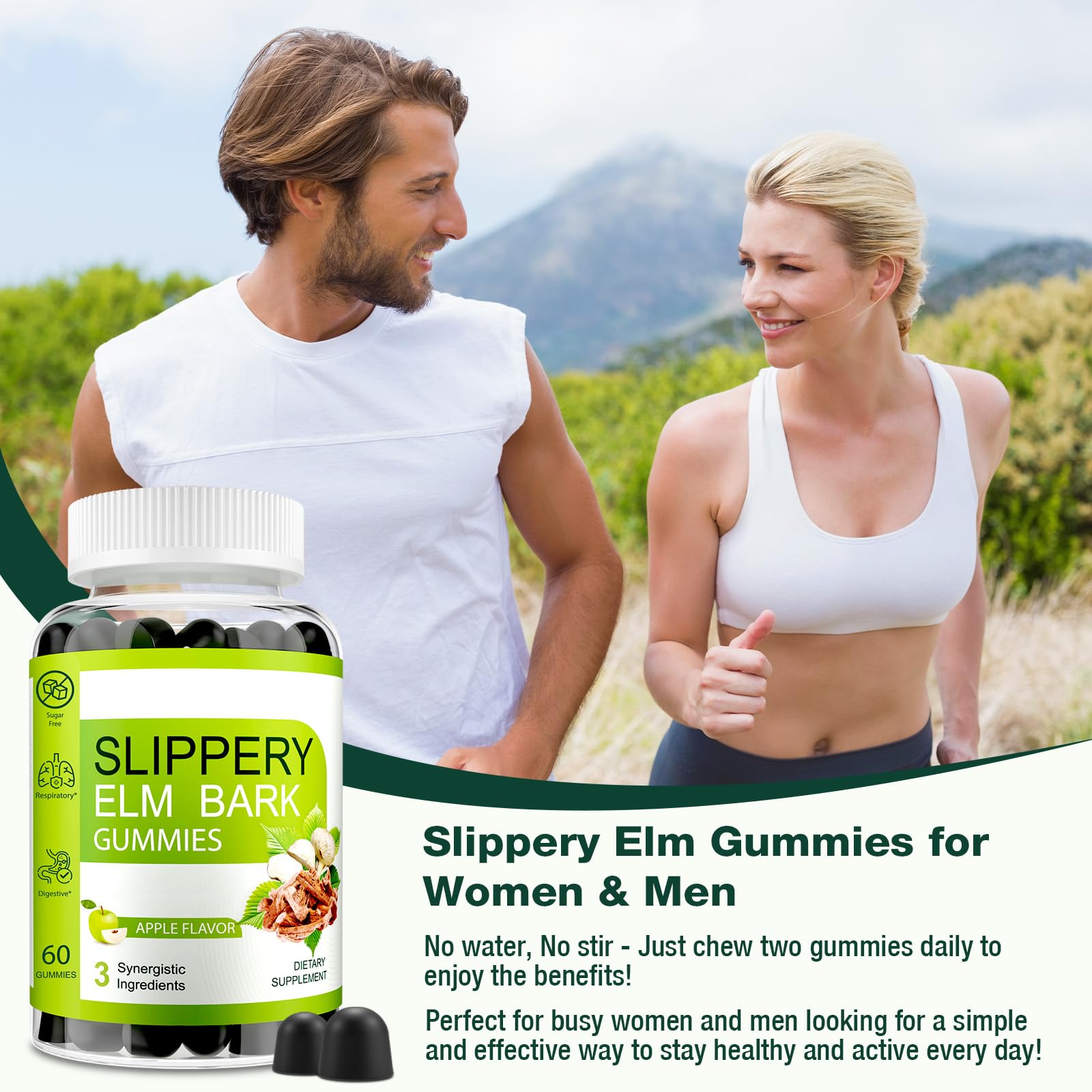 Wriayrui Slippery Elm Gummies close-up with maca and marshmallow notes.