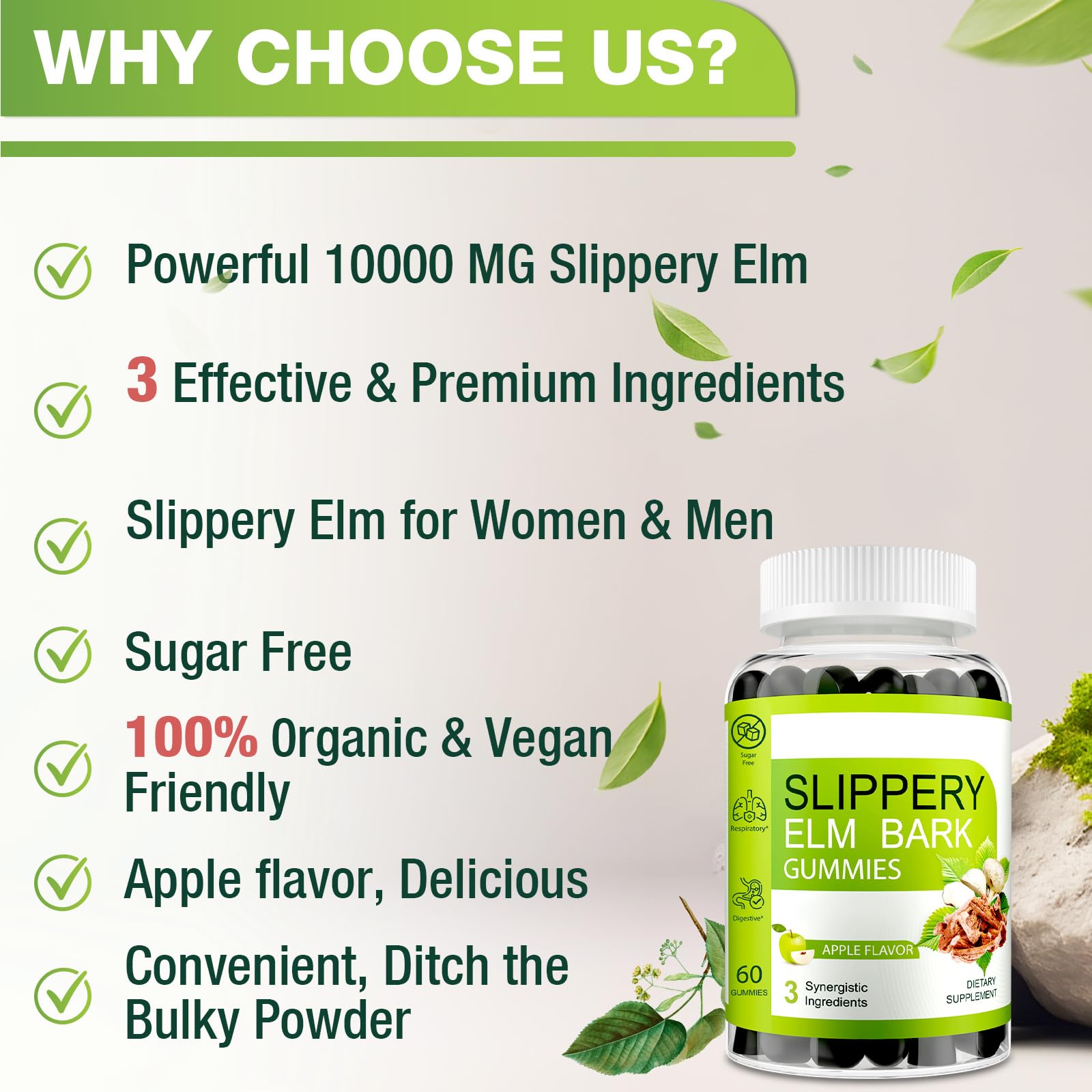 Wriayrui Slippery Elm Gummies label emphasizes vegan and sugar-free features.