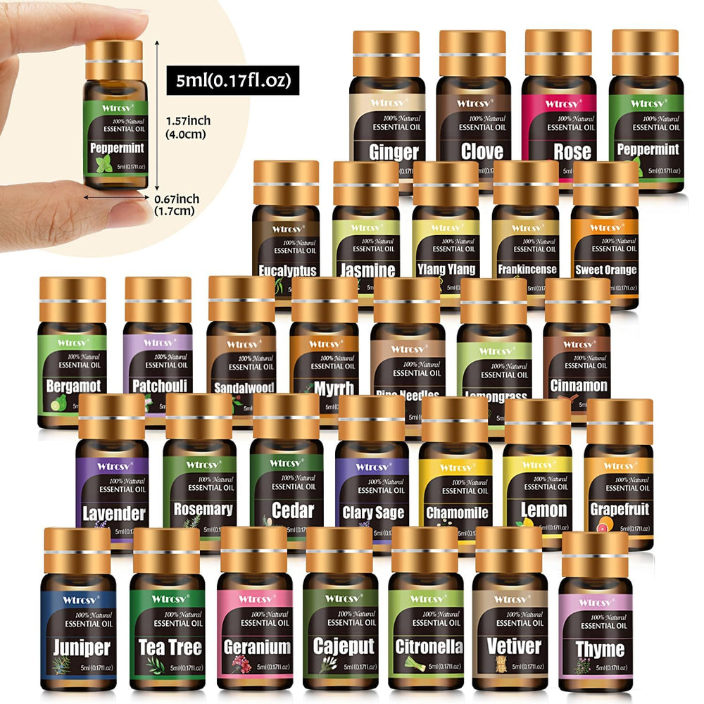 Wtrcsv 30-scent display shows variety for diffuser blends.