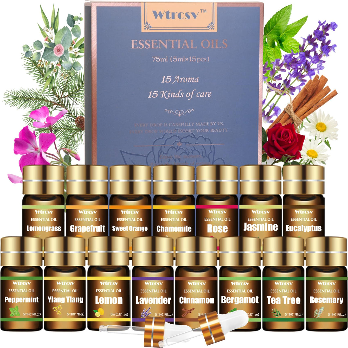 Wtrcsv essential oils set top 15 bottles for diffuser blends and DIY projects.