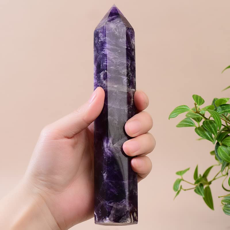 WUYOUSHI Dream Amethyst Wand, top close-up showing polished spire