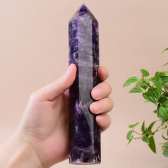 WUYOUSHI Dream Amethyst Wand, top close-up showing polished spire