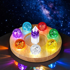Wulqiiy 7-colors crystal balls with LED wooden base illuminate meditation space.