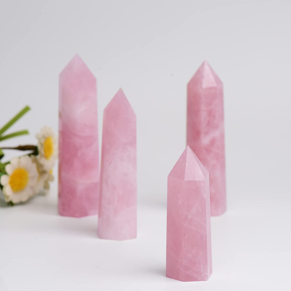 WUYOUSHI Rose Quartz Tower natural variation shows unique pattern and color
