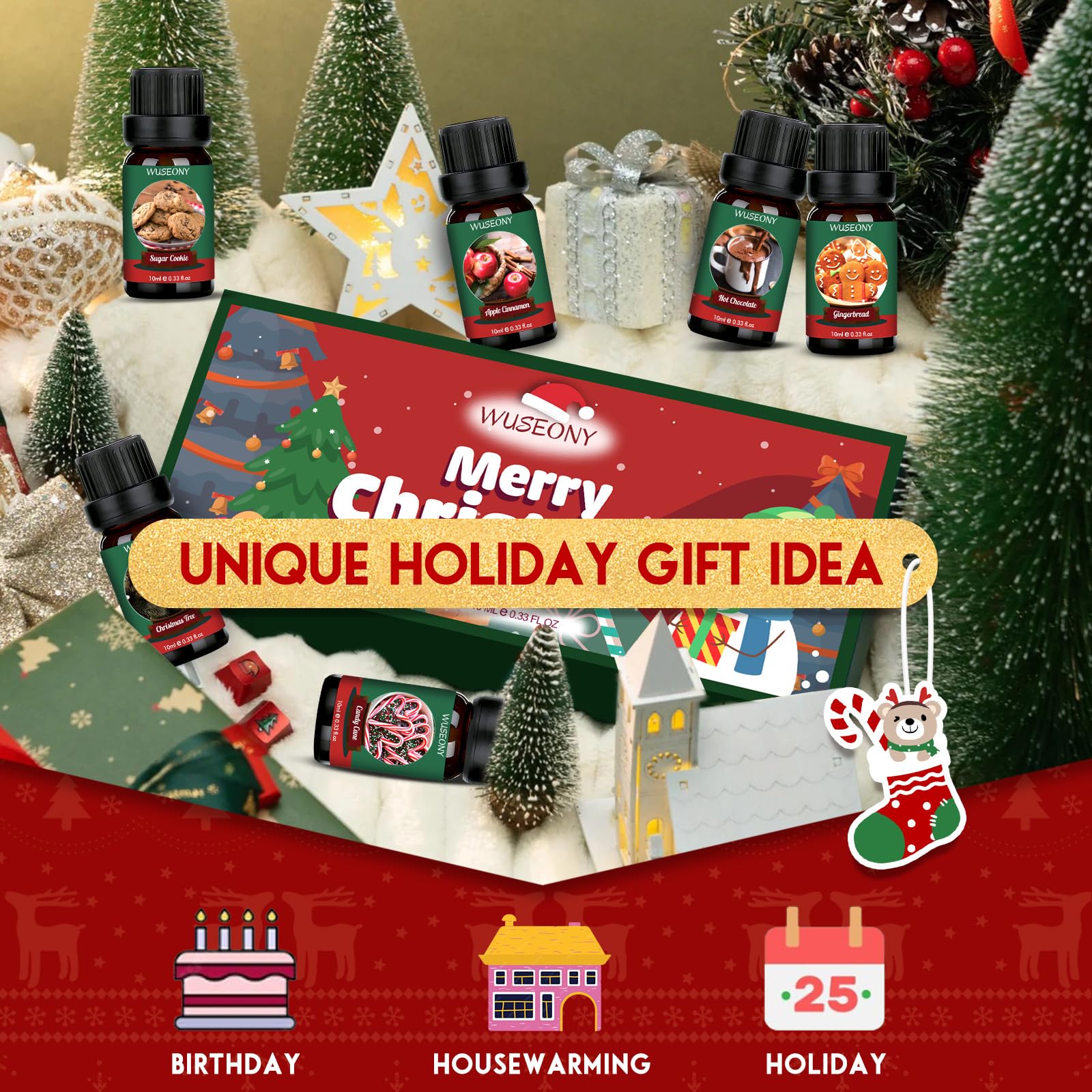 WUSEONY Christmas Oils Set gift packaging for festive aroma anywhere.