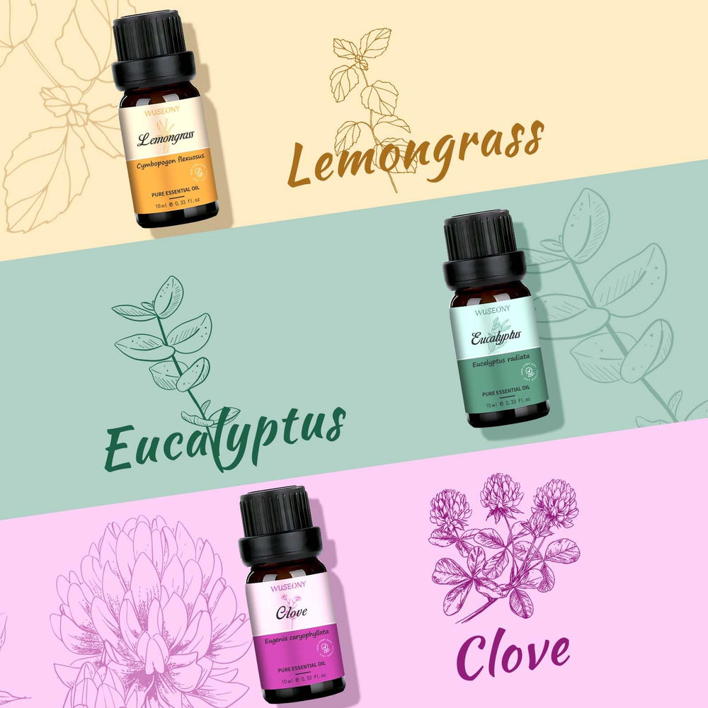 WUSEONY Eucalyptus oil bottle provides airy scent to uplift rooms.
