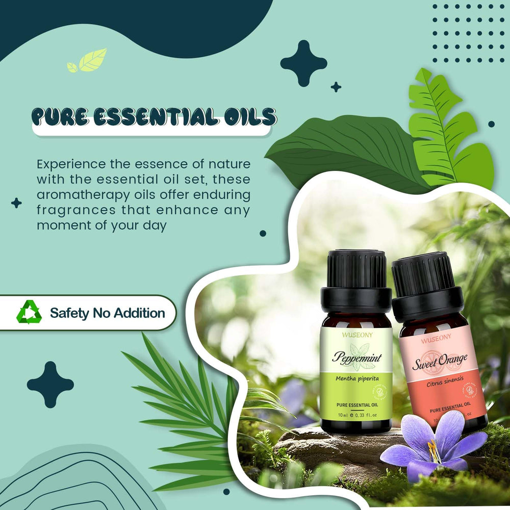 WUSEONY Lavender oil bottle highlights floral notes for diffusers.