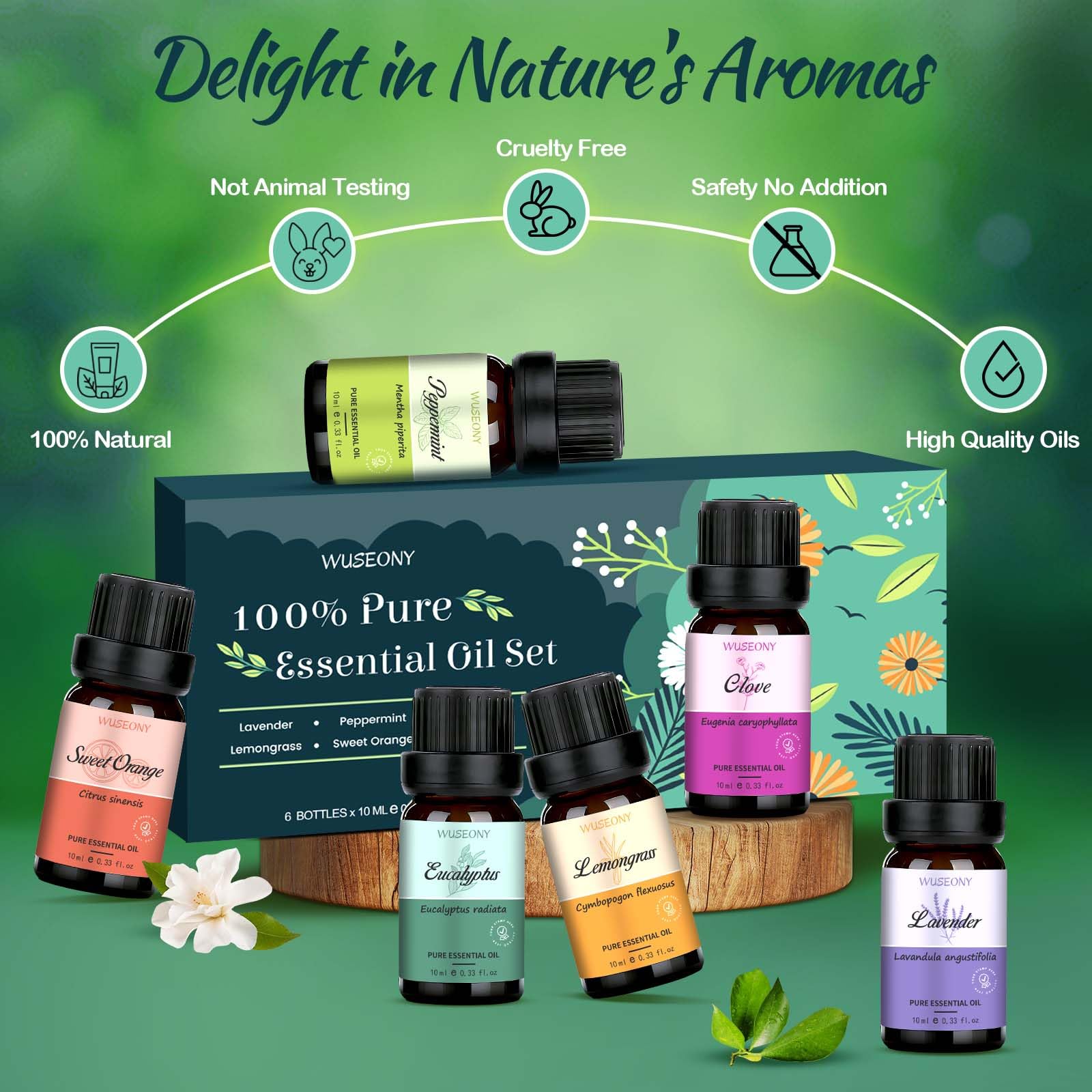 WUSEONY Lemongrass oil bottle brings bright lemony notes to diffusers.