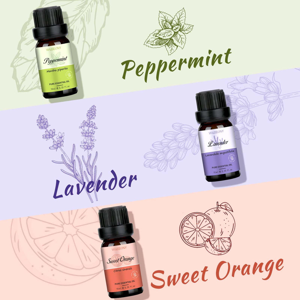 WUSEONY Peppermint oil bottle offers refreshing minty scent for spaces.