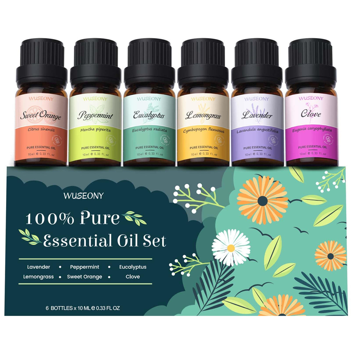 WUSEONY Top 6 essential oils gift set packaging showing six diffuser oils.